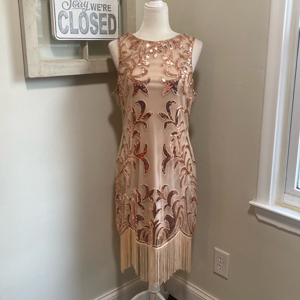 Unique Vintage 1920s Sequin Fleur De Lis Fringe Rose Gold Flapper Dress.